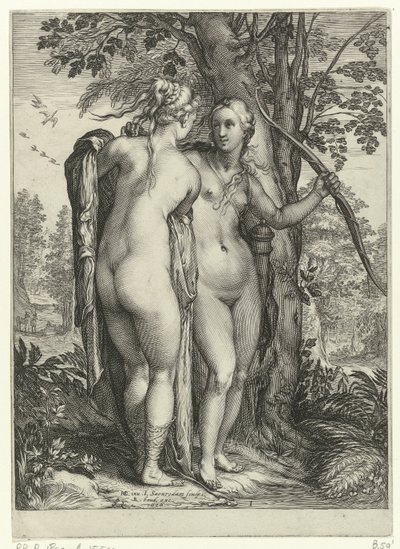 Diana e uma ninfa na frente de uma árvore Diana e suas ninfas (título da série) de Jan Saenredam