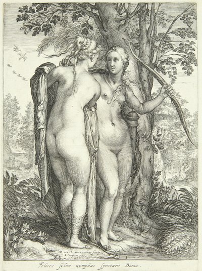 Diana e uma ninfa por uma árvore de Jan Saenredam