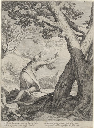 Elias deixa o mundo numa carruagem de fogo e deixa o seu manto para Elisha
Quatro cenas da vida dos profetas Aquias e Elias (título da série) de Jan Saenredam