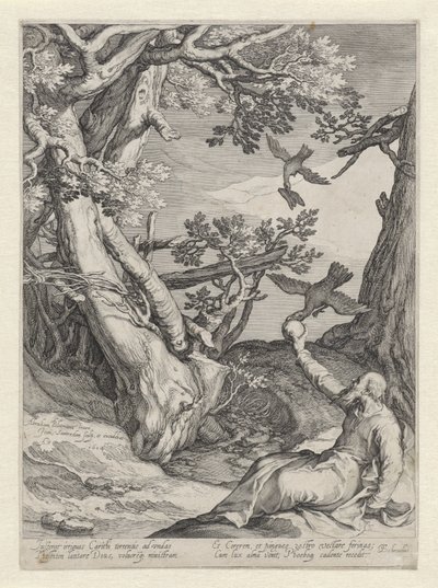 Elijah é alimentado pelos corvos no deserto
Quatro cenas da vida dos profetas Aquias e Elias (título da série) de Jan Saenredam