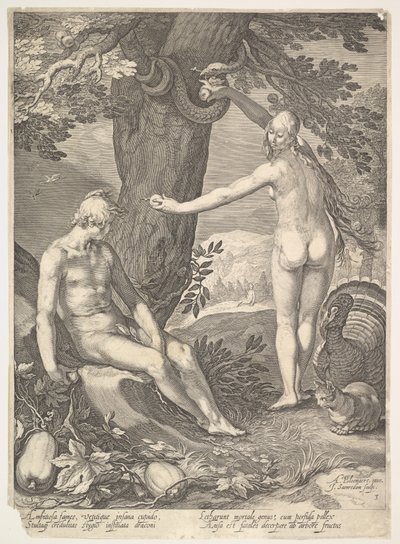 Eva dando a Adão o fruto proibido, da história de Adão e Eva. de Jan Saenredam