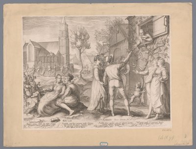 Casais jovens a divertir-se e a dançar, 1596
Ingentes panas stolich sub Mose Choragi Promeriti Choreis, pana dolenda venit (...) (título sobre o objecto) de Jan Saenredam
