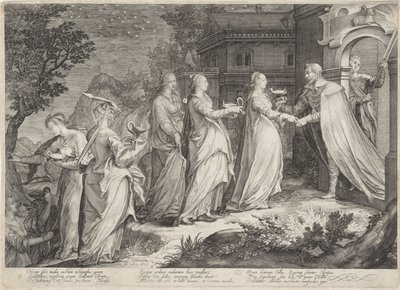 Recepção das virgens sábias pelo noivo Parábola das Virgens Sábias e Tolas (título da série) de Jan Saenredam