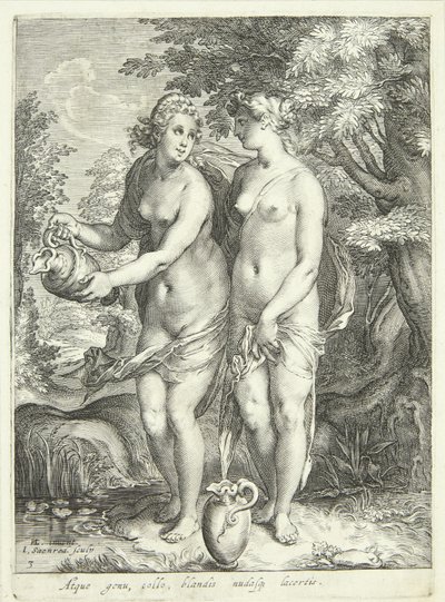 Duas das ninfas de Diana por um riacho de Jan Saenredam