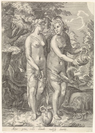 Duas das Ninfas de Diana por um riacho Diana e suas ninfas (título da série) de Jan Saenredam