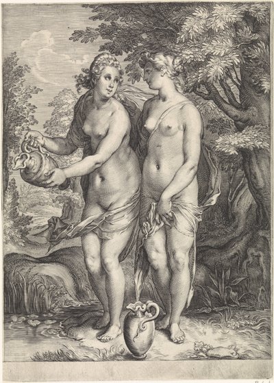 Duas das ninfas de Diana por um riacho
Diana e as suas ninfas (título da série) de Jan Saenredam