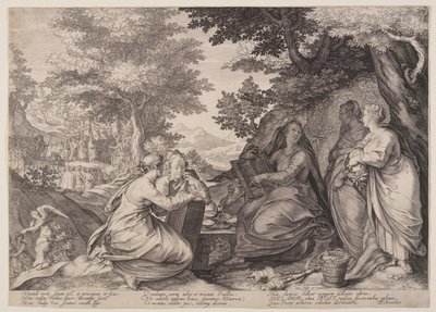 As virgens sábias reunidas numa paisagem antes da pregação do Batista, da Parábola das Virgens Sábias e das Virgens Loucas de Jan Saenredam