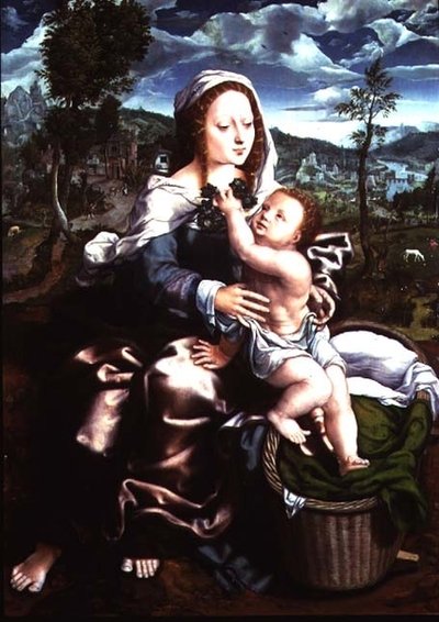 Madonna e criança sentadas em uma extensa paisagem de Jan Sanders van Hemessen