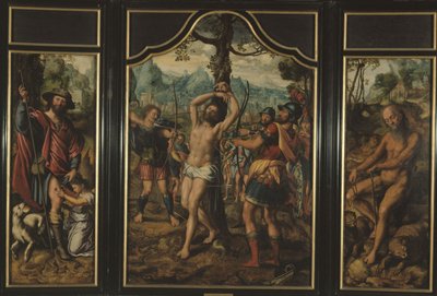 Tríptico do Martírio de São Sebastião (painel central): São Roque (painel esquerdo), Santo Onofre (painel direito), São Pedro (reverso do painel direito), Santo Estêvão (reverso do painel esquerdo), entre 1525 e 1566 (óleo) de Jan Sanders van Hemessen