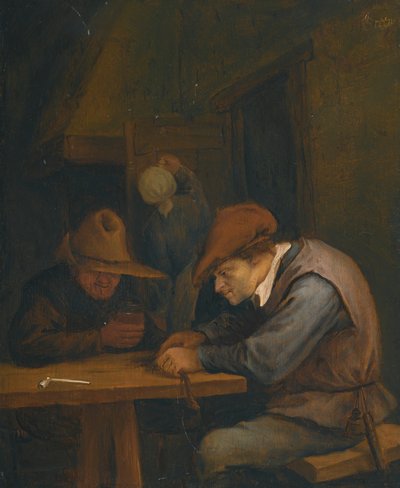 Camponeses a beber e a cortar tabaco numa estalagem de Jan Steen
