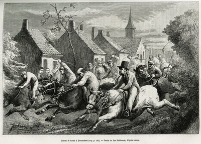 Corrida de bois em Braesschaet, aldeia de polder, para celebrar o animal empregado em todos os penibles, ele é então adornado com guirlandas de flores, escalado pelo seu gado para uma corrida pela aldeia e sob o incentivo da multidão. Gravura de Jan S de Jan Stobbaerts