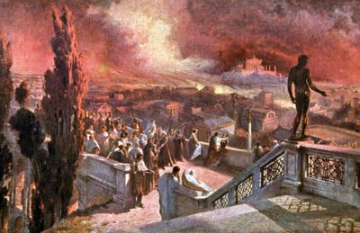 O imperador romano Nero a tocar música, olhando para o incêndio de Roma de Jan Styka