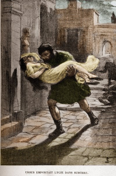 Ursus levou Lygie na ilustração suburre (capítulo X) de JAN STYKA (1858-1925) para o romance "Quo Vadis" de Henryk Sienkiewicz. de Jan Styka