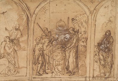 Um Desenho para um Tríptico com a Adoração dos Dois Santos, início do século XVII. de Jan Symonsz. Pynas