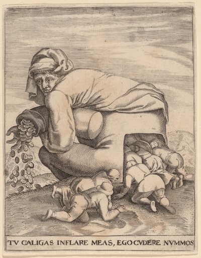 O homem da bolsa de dinheiro e seus bajuladores de Jan Theodor de Bry after Pieter Bruegel the Elder