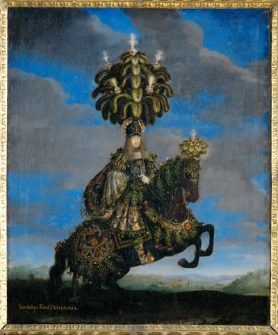 Gundakar, o príncipe Dietrichstein em traje para um "ballet a cavalo", apresentado em honra da chegada da Infanta Margarita Teresa, noiva do Imperador Leopoldo I (pintura sobre tela) de Jan Thomas