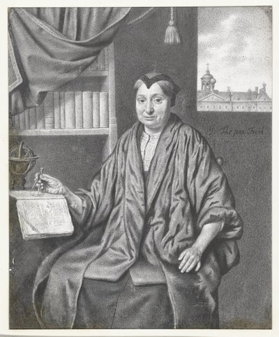 Retrato de uma mulher idosa, sentada com instrumentos astronômicos de Jan Thopas