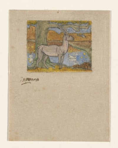 Veado perto de uma árvore na frente de uma lagoa Cervo perto de uma árvore (título original) de Jan Toorop (signed by artist)