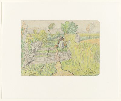 Mulher camponesa com um jugo com baldes de leite nos ombros, andando por um milharal de Jan Toorop