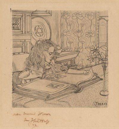 Charley olhando para um álbum de gravuras de Jan Toorop