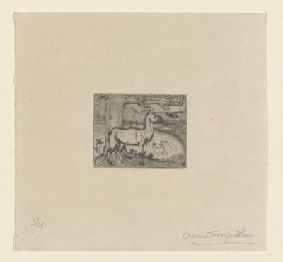 Veado perto de uma árvore na frente de uma lagoa Cervo perto de uma árvore (título original) de Jan Toorop