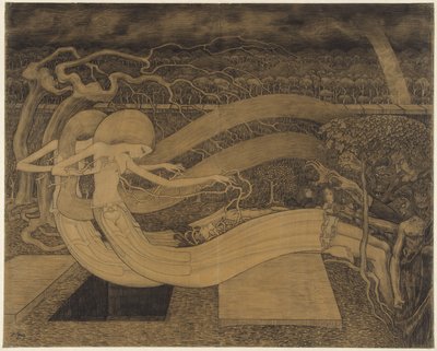 Ó Grave, onde está a tua Vitória?
Duas mulheres ao lado de um homem e uma campa aberta
Ó Túmulo, Onde está a Tua Vitória de Jan Toorop