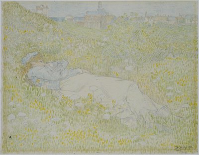 Mulher deitada nas Dunas perto de Noordwijk
Rapariga deitada na relva com a silhueta de Noordwijk no fundo de Jan Toorop