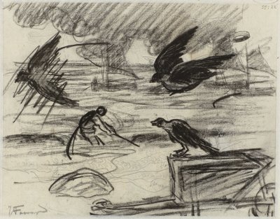 Seascape com pescador, em primeiro plano um carrinho de mão com pássaros de Jan Toorop