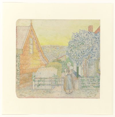 Garota da Zelândia, tricotando em um pátio de Jan Toorop