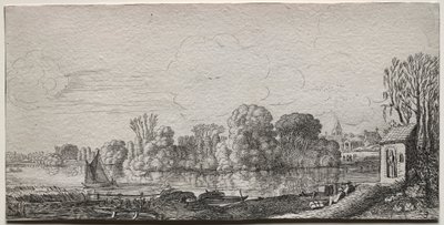 Uma pequena capela por uma lagoa. de Jan Van de Velde