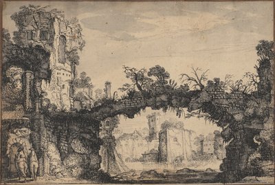 Paisagem com ruínas (anverso); Cabeça de mulher e animais (verso) de Jan Van de Velde