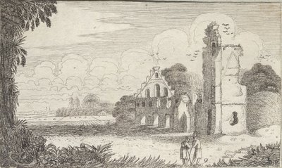 Paisagem com uma igreja em ruínas e dois pastores em conversa de Jan Van de Velde
