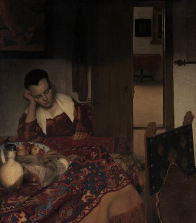 Uma empregada adormecida, ca. 1656-57. de Johannes Vermeer