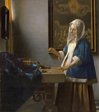 Mulher segura, um, equilíbrio de Jan Vermeer van Delft