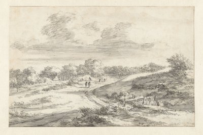 Paisagem de dunas com figuras ao longo de uma estrada, com uma casa de campo à distância de Jan Vermeer van Haarlem (I) (attributed to)