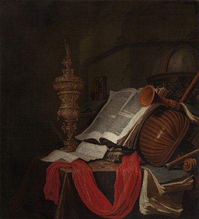 Natureza morta com instrumentos musicais e livros Vanitas de Jan Vermeulen