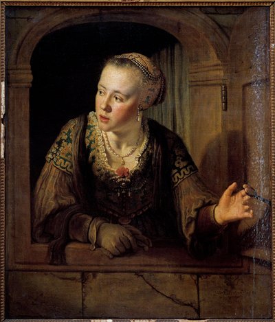 Retrato de uma jovem mulher na sua janela Pintura de Jan Victors (1620-1676) (ec.flam.) 1640 Sol. 0,93x0,78 m de Jan Victors