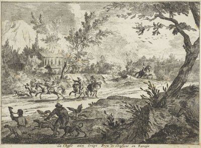 Caça ao lobo perto de Conflans, Sabóia
La Chasse aux Loups Prez de Conflans en Savoie (título sobre o objecto)
Faces em Sabóia (título da série) de Jan Vincentsz. van der Vinne