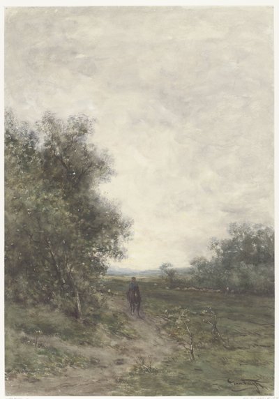 Paisagem com um cavaleiro e um rebanho de ovelhas com um pastor de Johannes Martinus Vrolijk
