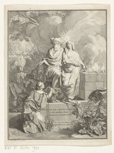 Página de título alegórica com o patriarca Abraão e a Verdade
Página de título para: Arnold Hoogvliet, Abraão o patriarca, em XII Livros, 1728 de Jan Wandelaar