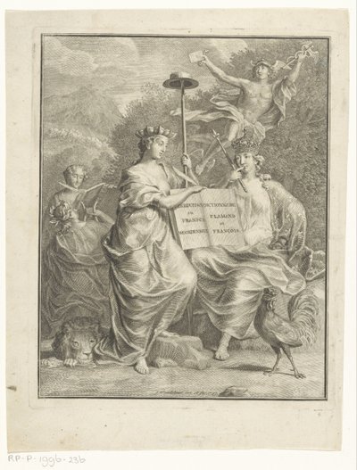 Personificações dos Países Baixos austríacos e da França
Dicionário holandês e francês / Dicionário Flamand et François (título sobre o objecto)
Página de título para: François Halma, O grande dicionário de francês e holandês, 1761 de Jan Wandelaar