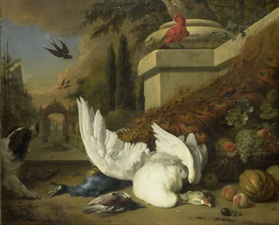Um cão com um ganso e um pavão mortos (Um estudo da caça e da fruta) de Jan Baptist Weenix