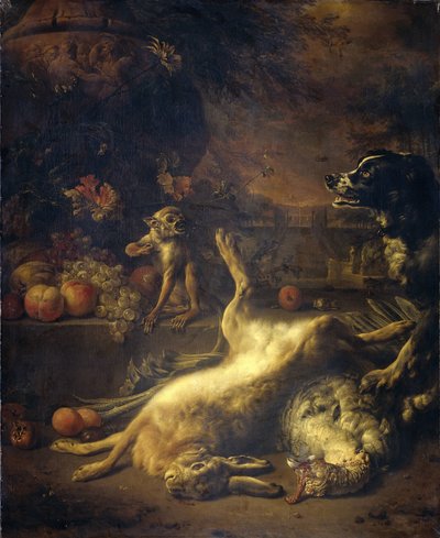 Um Macaco e um Cão com Caça Morta e Fruta de Jan Baptist Weenix