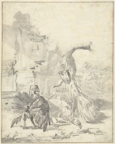 Hoenderhof com um pavão e dois perus de Jan Baptist Weenix