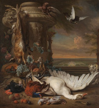 Caça e Fruta Natureza Morta ao lado de um vaso de jardim, com um macaco, cão e duas pombas, à distância Rijksdorp perto de Wassenaar, Sede de Jacob Emmery, Barão de Wassenaar de Jan Baptist Weenix