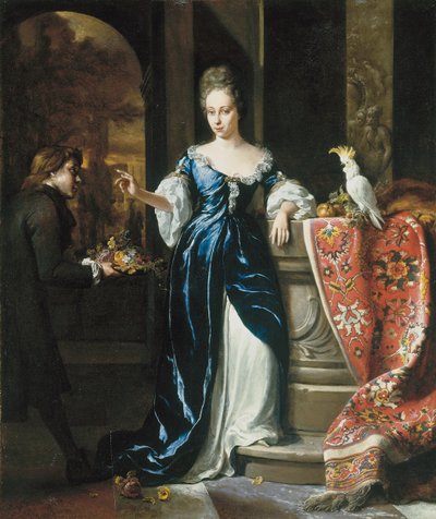Retrato de Lodewina Schey em um vestido azul, com um atendente carregando flores de Jan Baptist Weenix