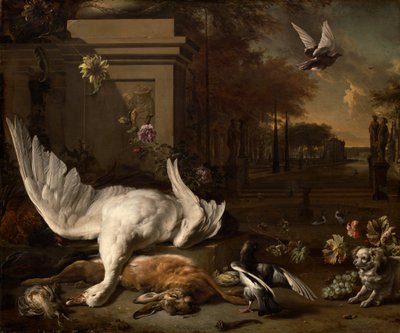 Natureza morta com cisne e jogo antes de uma propriedade rural, c. 1685. de Jan Baptist Weenix