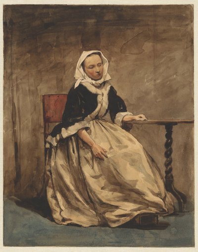 Mulher sentada ao lado de uma pequena mesa de Jan Weissenbruch