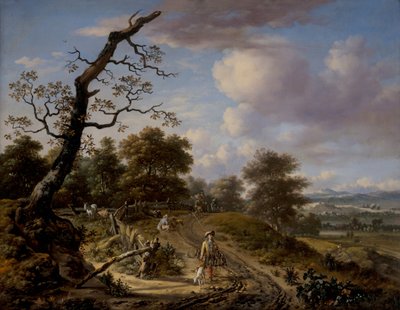 Uma paisagem montanhosa com um grupo de falcões de Jan Wijnants