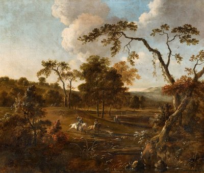 Paisagem com colinas onduladas e caça ao veado de Jan Wijnants